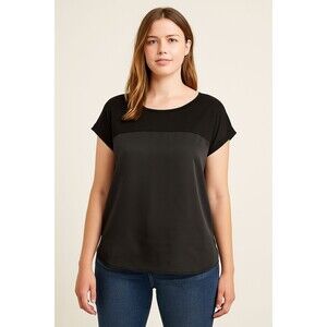 MNG Suit Women’s Black Short Sleeve Blouse Size L Elegant Lightweight Top